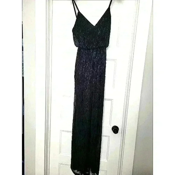 Alice + Olivia Beaded Sequin Mesh Overlay Straight Leg Jumpsuit Black Size 0 - Picture 4 of 8